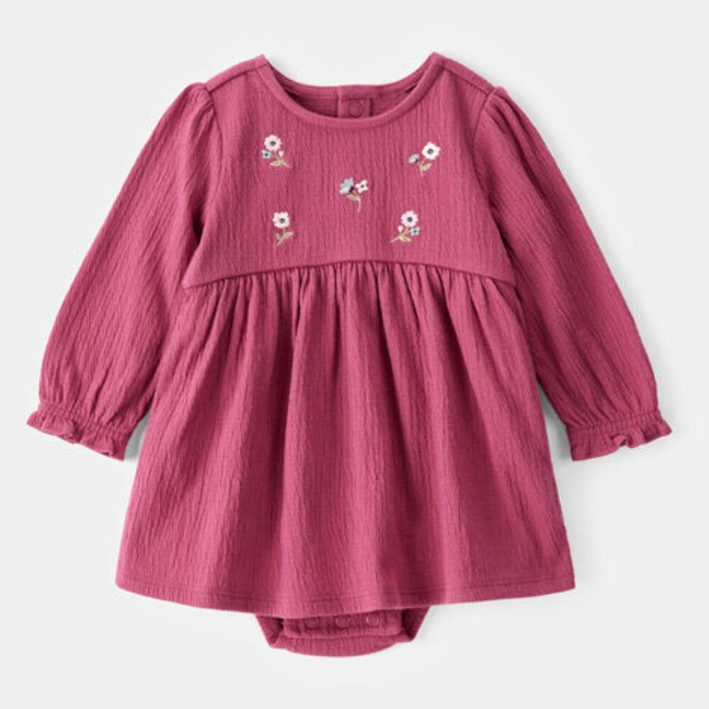 CARTERS Baby Bodysuit Dress Embroidered Flowers Long Sleeves Size 24M Pink NEW